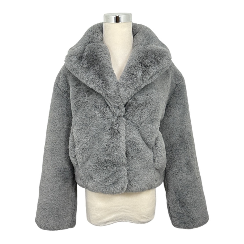 NWT TopShop Women's Size 6 Grey Faux Fur Teddy Cropped Jacket Coat Soft Winter